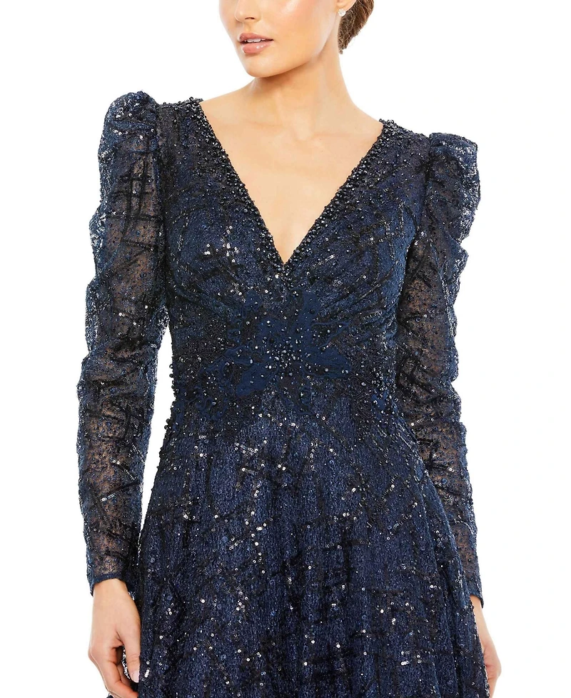 Women's Embellished V Neck Long Sleeve A Line Gown