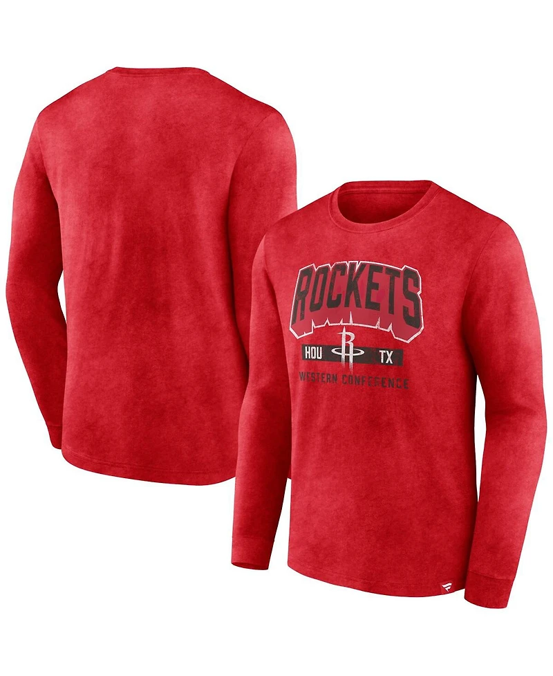 Men's Fanatics Heather Red Distressed Houston Rockets Front Court Press Snow Wash Long Sleeve T-shirt