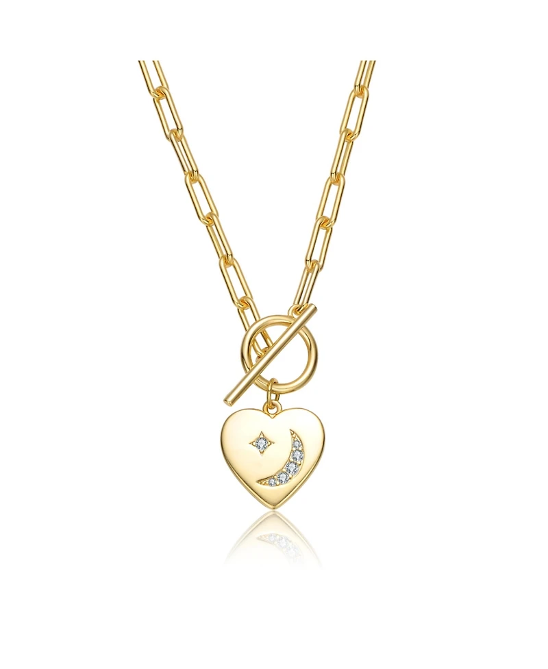 GiGiGirl Teens/Young Adults 14K Gold Plated Cubic Zirconia Moon and Star Heart Charm Necklace