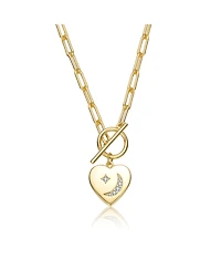 GiGiGirl Teens/Young Adults 14K Gold Plated Cubic Zirconia Moon and Star Heart Charm Necklace