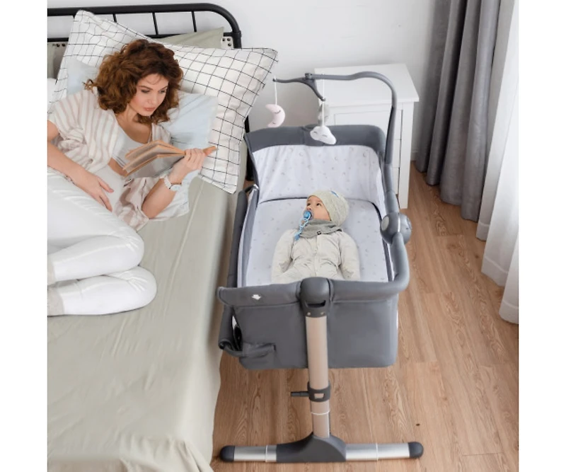 Height Adjustable Baby Side Crib with Music Box & Toys