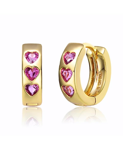 GiGiGirl Kids Young/Teens 14k Yellow Gold Plated with Heart Pink Cubic Zirconia Triple Stone Round Hoop Earrings