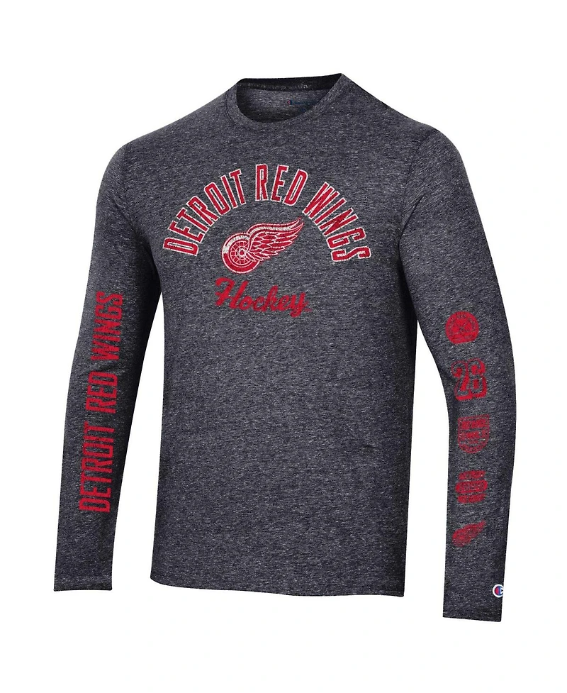 Men's Champion Heather Black Distressed Detroit Red Wings Multi-Logo Tri-Blend Long Sleeve T-shirt