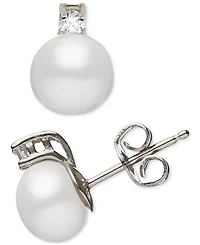 2-Pc. Set Cultured Freshwater Pearl (7-1/2 & 8-1/2mm) Cubic Zirconia Pendant Necklace Matching Stud Earrings Sterling Silver