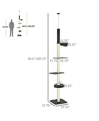 PawHut Floor To Ceiling Cat Tree, 5-Tier Cat Climbing Tower, 95''-106'' Height Adjustable with Carpeted Platforms, Cozy Bed, Hammock, Scratching Post