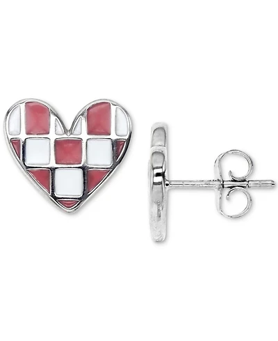 Pink & White Enamel Checkerboard Heart Stud Earrings