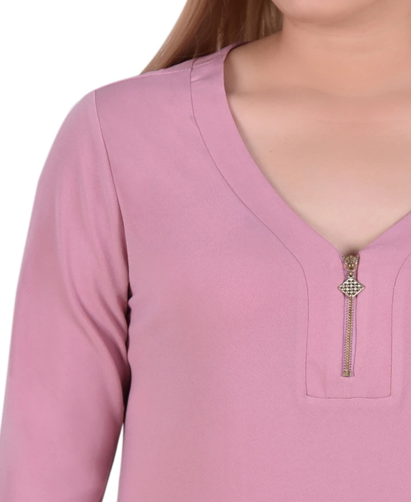 Plus Size Long Sleeve Crepe Knit V-Neck Top with Zipper
