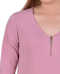 Plus Size Long Sleeve Crepe Knit V-Neck Top with Zipper