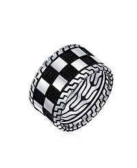 Bling Jewelry Inside Out Two Tone Black Silver Geometric Check Board Squares Chess Ring Band Heavy Solid Wide 12MM