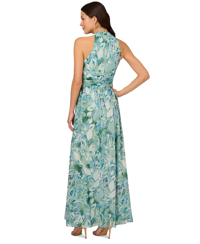 Adrianna Papell Women's Leaf-Print Chiffon Shirred Gown