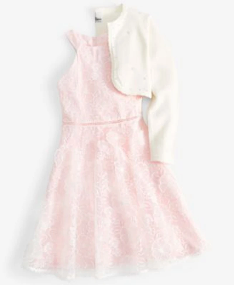 Rare Editions Toddler Little Big Girls Floral Organza Social Dress Big Girls Imitation Pearl Embellished Cardigan Created For Macys