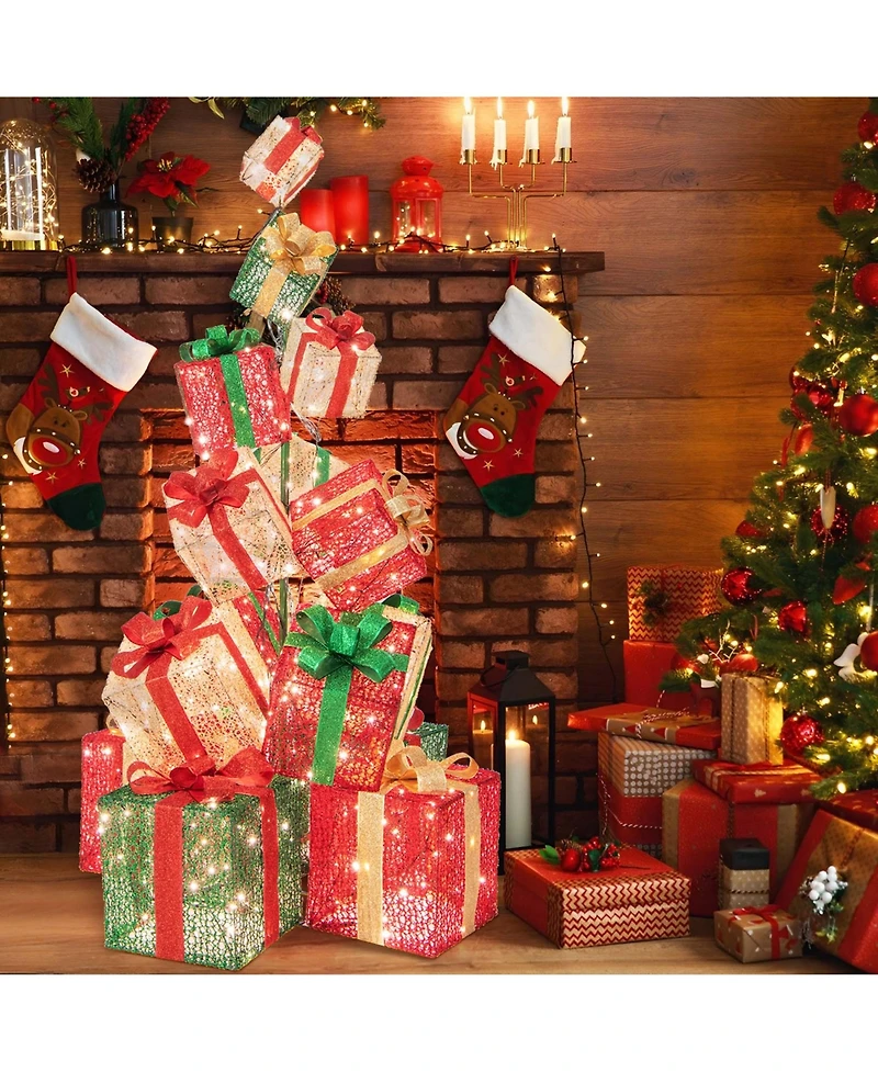 15 Stacked Pre-Lit Gift Box Tower 67'' Lighted Present Decoration with 450 Lights