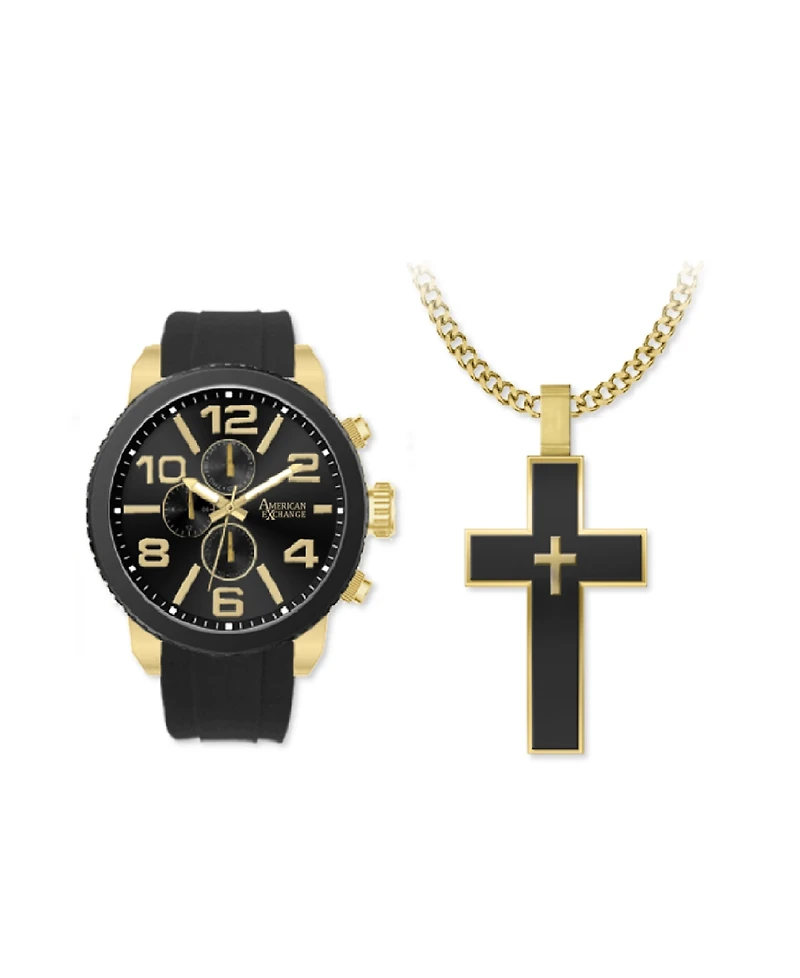 American Exchange Men's Matte Black Silicone Strap Analog Watch 51mm with Cross Pendant Necklace Gift Set