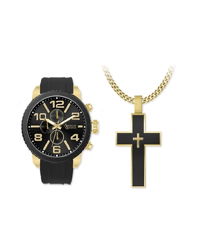 American Exchange Men's Matte Black Silicone Strap Analog Watch 51mm with Cross Pendant Necklace Gift Set