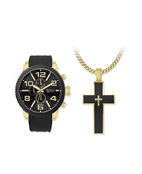 American Exchange Men's Matte Black Silicone Strap Analog Watch 51mm with Cross Pendant Necklace Gift Set