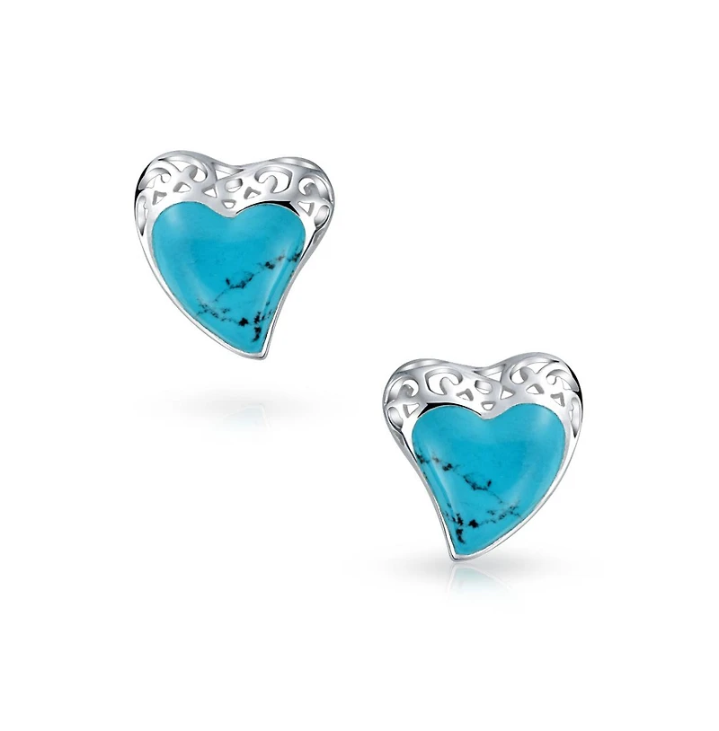 Bling Jewelry Bali Style Filigree Natural Stabilized Turquoise Heart Shaped Stud Earrings For Women For Sterling Silver