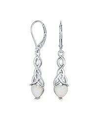 Bling Jewelry White Heart Shaped Synthetic Opal Love Knot Dangle Irish Celtic Earrings For Women Lever back Sterling Silver 1.5 Inch Long