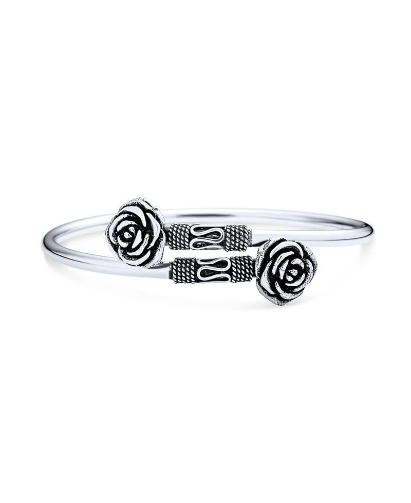 Bling Jewelry Balinese Bali Style Flower Tips Bypass Stacking Black Rose Bangle Cuff Bracelet Oxidized Sterling Silver