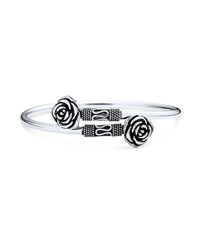 Bling Jewelry Balinese Bali Style Flower Tips Bypass Stacking Black Rose Bangle Cuff Bracelet Oxidized Sterling Silver