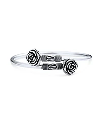 Bling Jewelry Balinese Bali Style Flower Tips Bypass Stacking Black Rose Bangle Cuff Bracelet Oxidized Sterling Silver