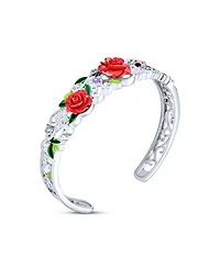 Bling Jewelry 3D Carved Ladybug Spring Garden Floral Bouquet Red Rose Flower Cuff Bracelet Filigree