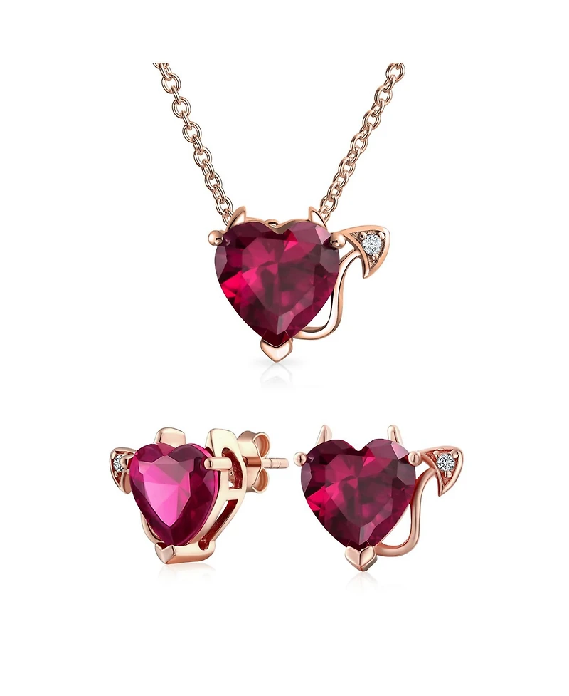 Bling Jewelry Red Cz Devil Heart Pendant Necklace and Stud Earring Set Rose Gold Plated Silver