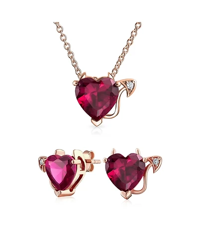 Bling Jewelry Red Cz Devil Heart Pendant Necklace and Stud Earring Set Rose Gold Plated Silver