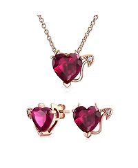 Bling Jewelry Red Cz Devil Heart Pendant Necklace and Stud Earring Set Rose Gold Plated Silver