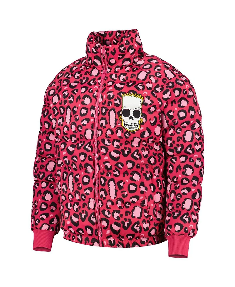 Men's Freeze Max Pink The Simpsons Bart Leopard Print Raglan Full-Zip Puffer Jacket