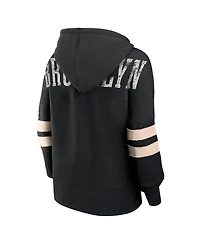 Women's Fanatics Black Distressed Brooklyn Nets Bold Move Dolman V-Neck Pullover Hoodie
