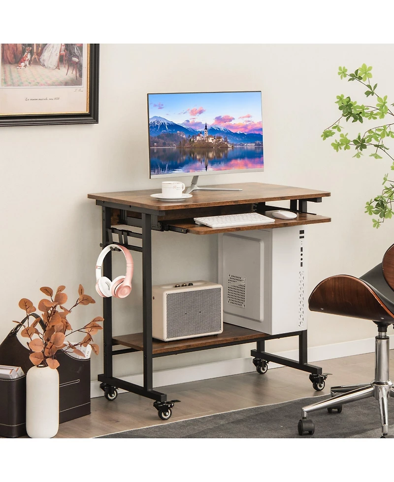Rolling Laptop Table with Pull-out Keyboard Tray and Hooks-Rustic Brown