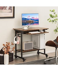Rolling Laptop Table with Pull-out Keyboard Tray and Hooks-Rustic Brown