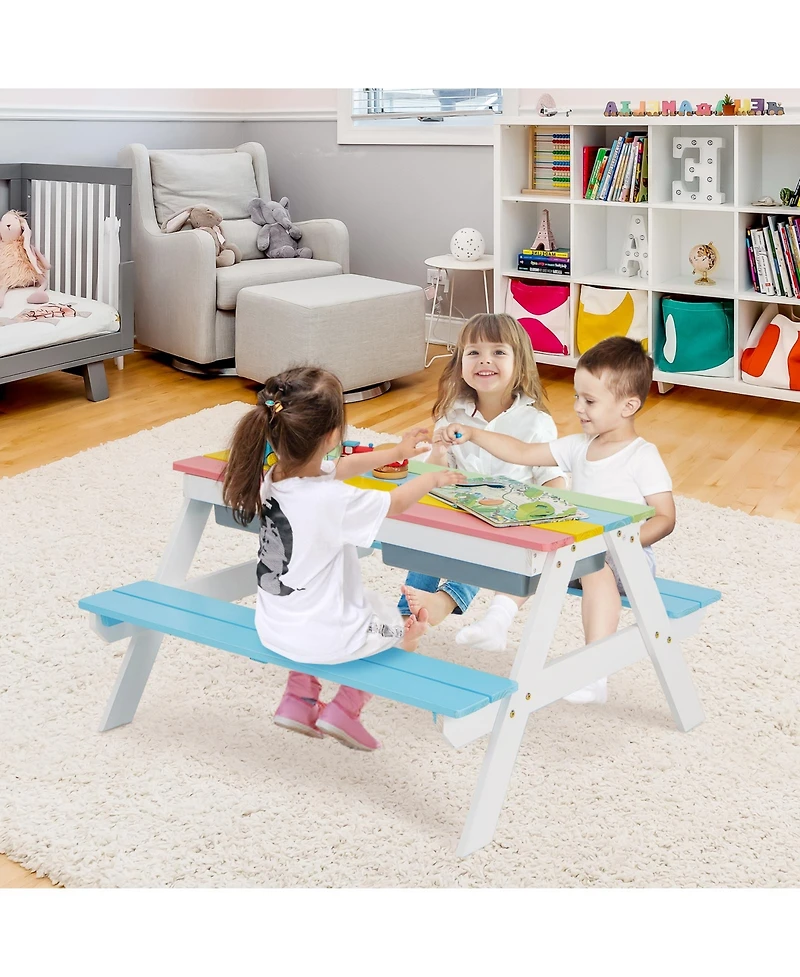 3-in-1 Kids Outdoor Picnic Water Sand Table with Umbrella Play Boxes