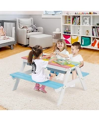 3-in-1 Kids Outdoor Picnic Water Sand Table with Umbrella Play Boxes