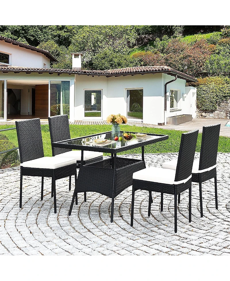 5 Pieces Outdoor Patio Rattan Dining Set with Glass Top Cushions