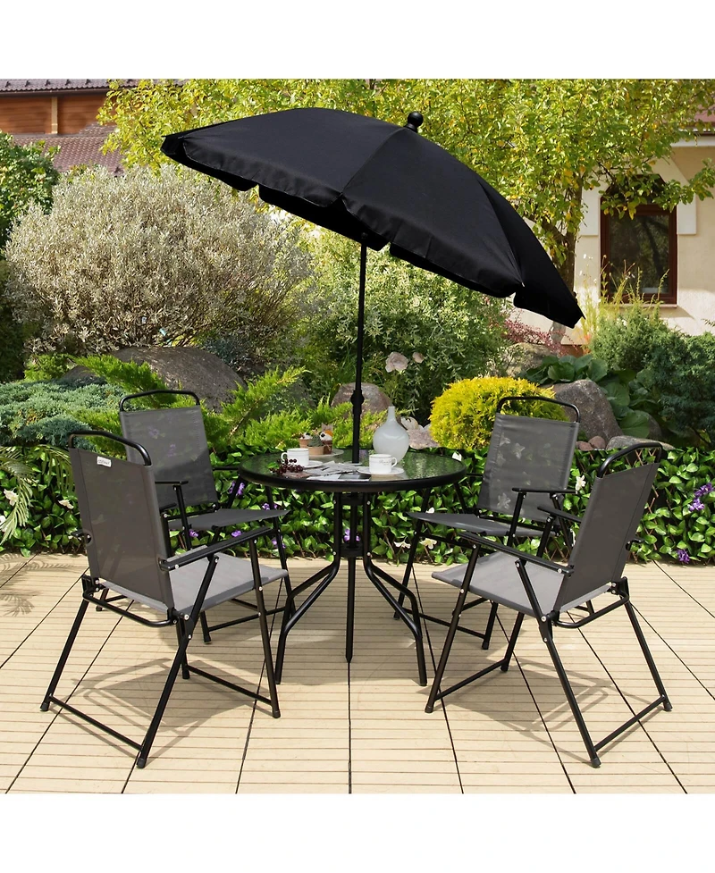 6 Pieces Patio Dining Set Folding Chairs Glass Table Tilt Umbrella for Garden-Grey
