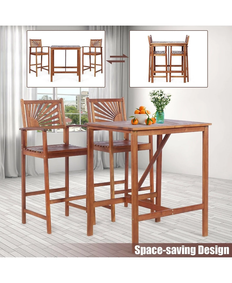 3 Pieces Acacia Wood Patio Bar Set with Sunflower Patterned Backrest