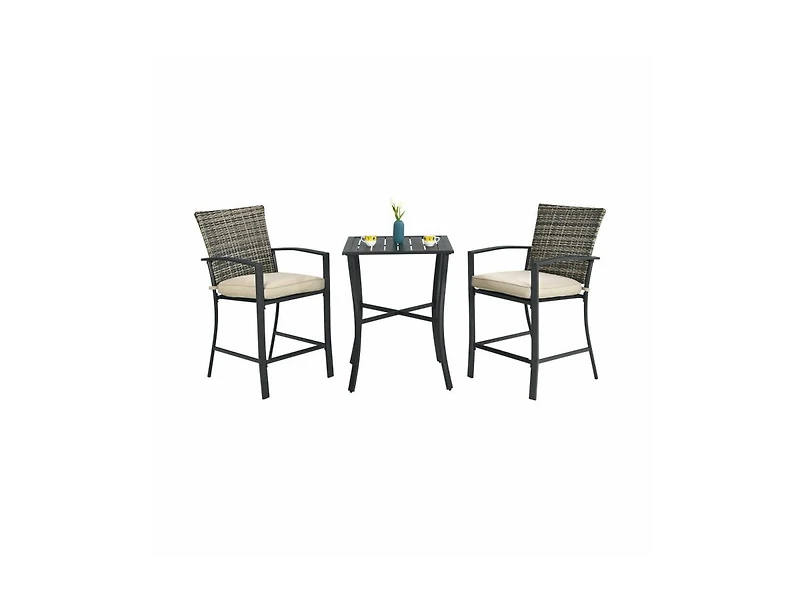 Slickblue 3 Pieces Rattan Bar Furniture Set with Slat Table and 2 Cushioned Stools