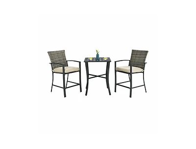 Slickblue 3 Pieces Rattan Bar Furniture Set with Slat Table and 2 Cushioned Stools