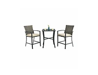 Slickblue 3 Pieces Rattan Bar Furniture Set with Slat Table and 2 Cushioned Stools