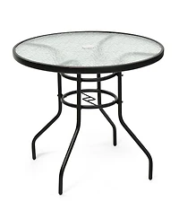 32 Inch Patio Tempered Glass Steel Frame Round Table with Convenient Umbrella Hole