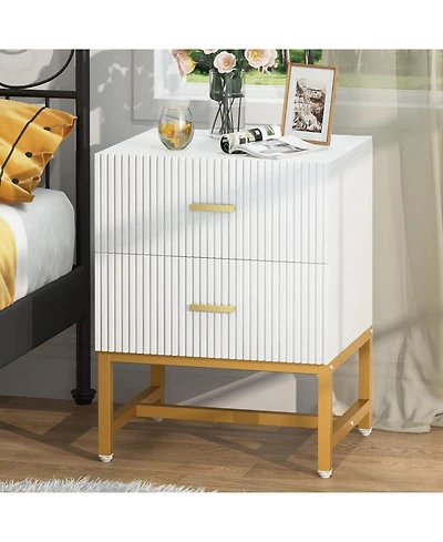 Tribesigns 2-Drawer Nightstand, White Gold Night Stands Bed Side Table with Storage Large, Wood Metal Nightstands Bedroom Organizer, Striped