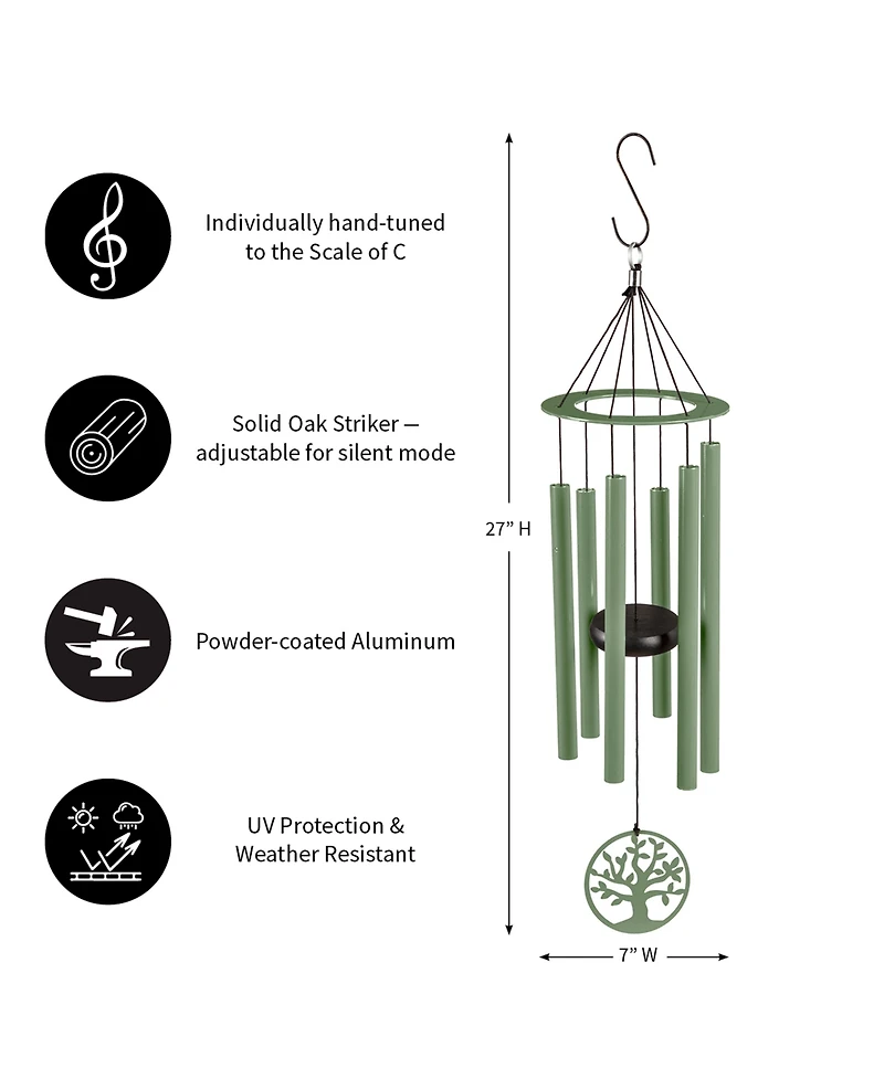 Evergreen Hand Tuned Tree of Life Wind Chime for Outside Scale of C|Deep Tone|Powder-coated Metal|Green|27-Inches Tall Memorial Gift for Home Garden D
