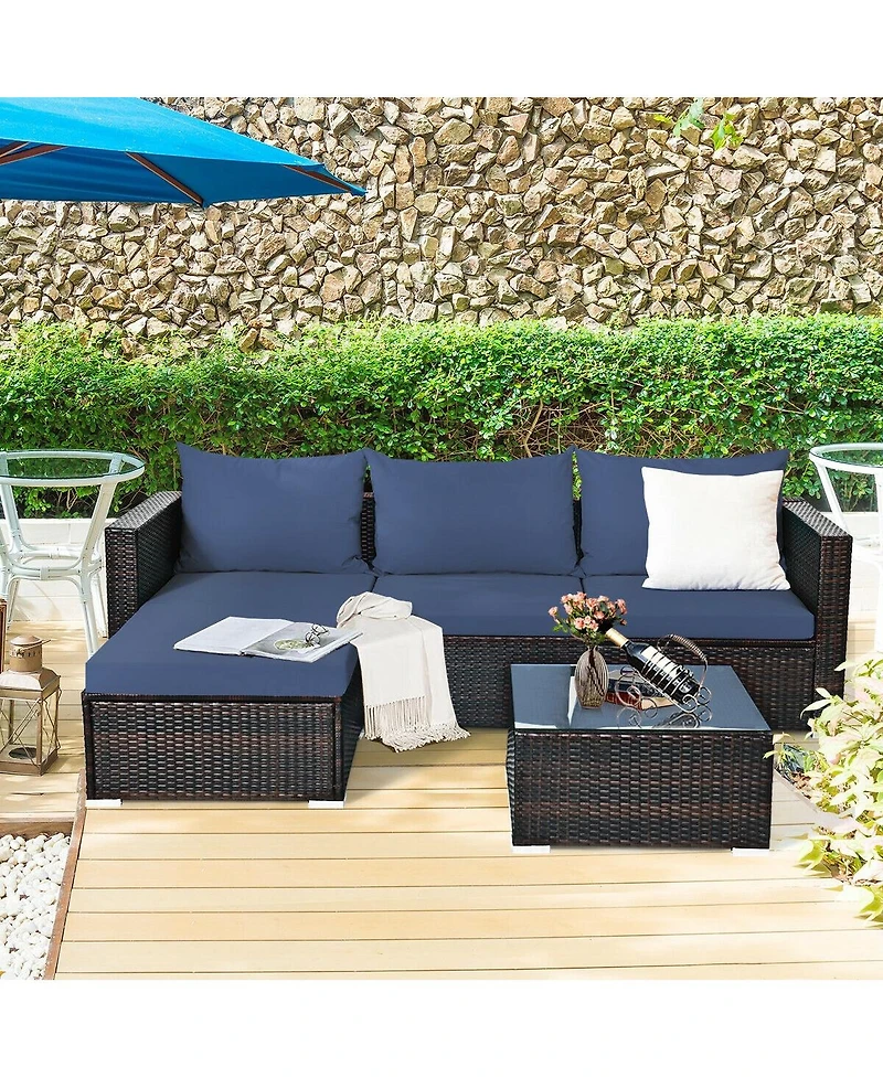 5 Pieces Patio Rattan Sectional Furniture Set with Cushions and Coffee Table