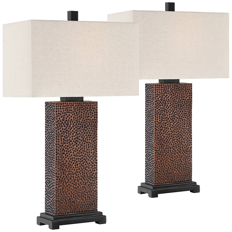 Caldwell Rustic Farmhouse Table Lamps 24.75" Tall Set of 2 Bronze Hammered Textured Fabric Rectangular Shade for Bedroom Living Room House Home Bedsid