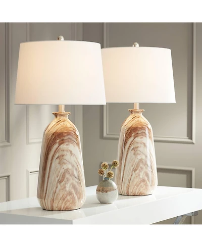 360 Lighting Carlton Modern Table Lamps 28" Tall Set of 2 Swirling Brown Faux Marble White Tapered Drum for Bedroom Living Room Bedside Nightstan