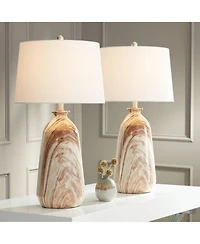 360 Lighting Carlton Modern Table Lamps 28" Tall Set of 2 Swirling Brown Faux Marble White Tapered Drum for Bedroom Living Room Bedside Nightstan