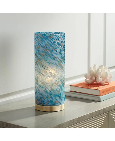360 Lighting Modern Coastal Accent Table Lamp 13 1/2" High Brass Blue Art Glass Cylinder Shade for Bedroom Living Room Nightstand