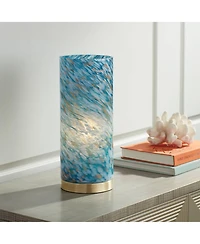 360 Lighting Modern Coastal Accent Table Lamp 13 1/2" High Brass Blue Art Glass Cylinder Shade for Bedroom Living Room Nightstand