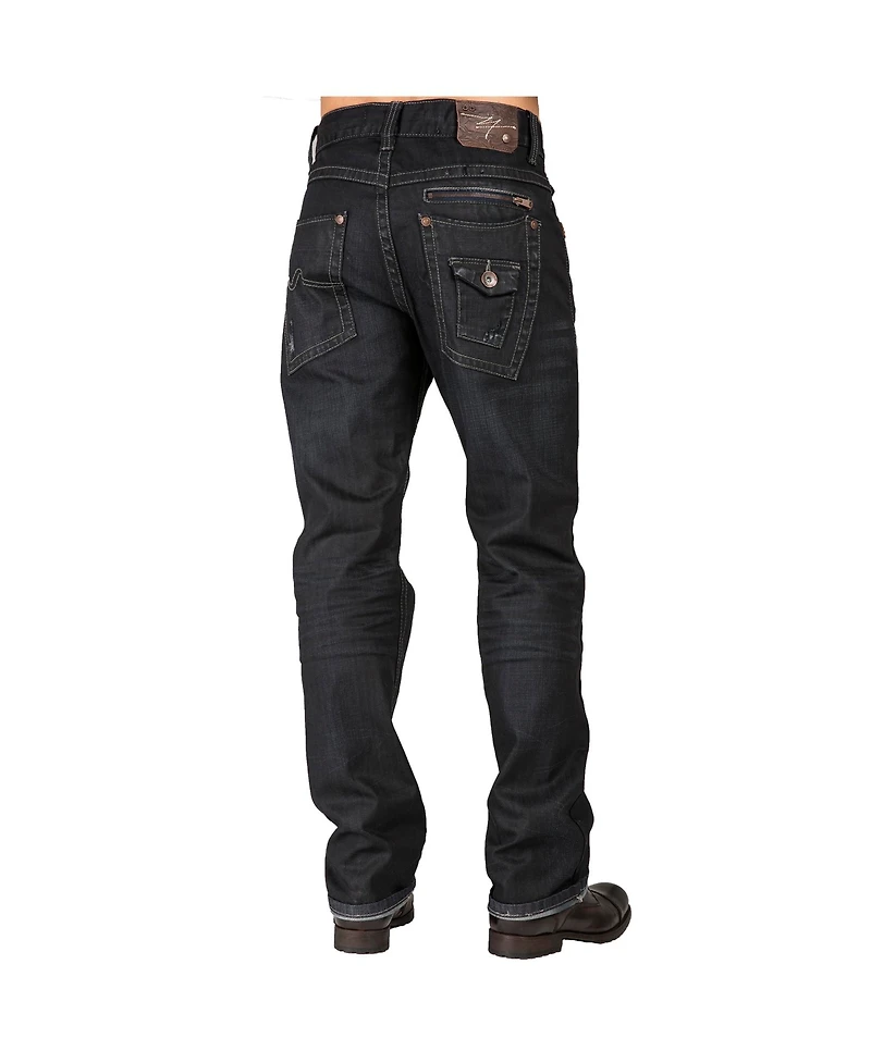 Level 7 Men's Relaxed Straight Leg Premium Denim Jeans Black Coated Throwback Style Zipper Trim Pockets